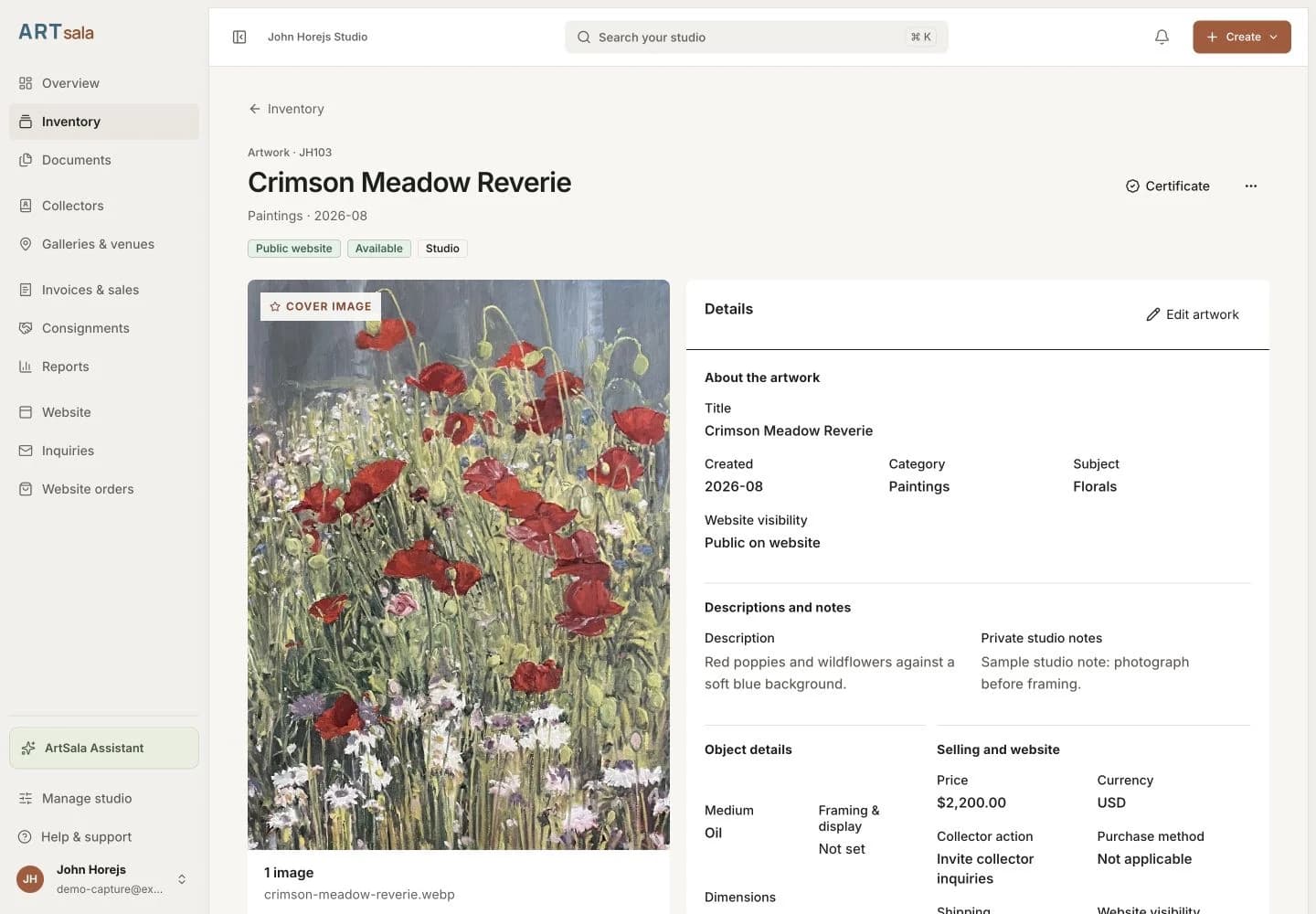 Current ArtSala artwork record for Crimson Meadow Reverie by John Horejs, with its image and studio details