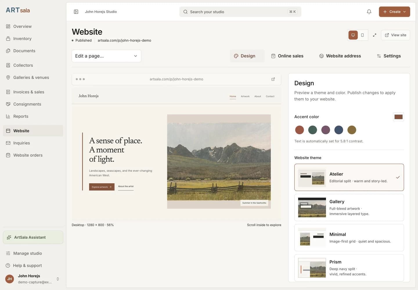 Current ArtSala website designer showing eight themes and a live John Horejs website preview